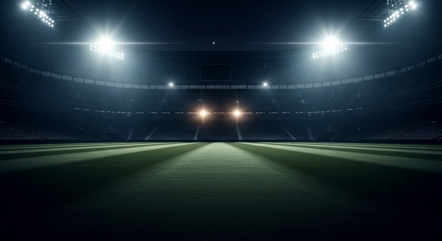 Dark sports stadium under floodlights
